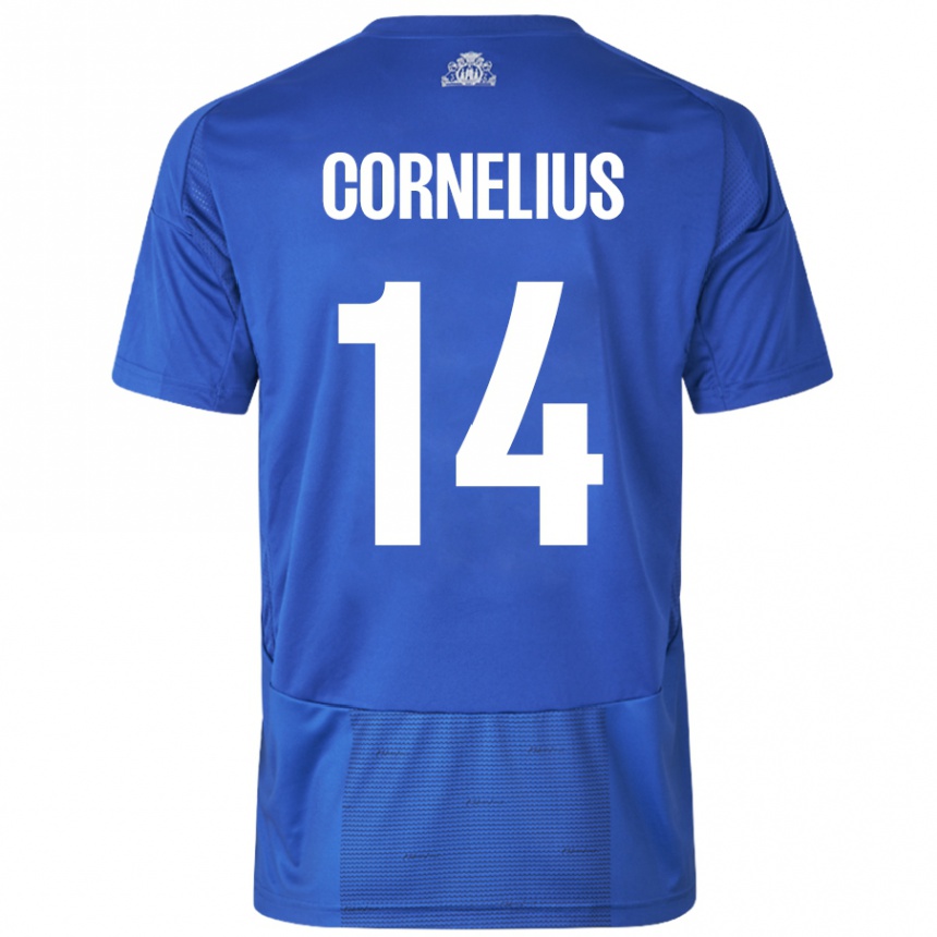 Kinder Fußball Andreas Cornelius #14 Weiß Blau Auswärtstrikot Trikot 2024/25 T-Shirt Luxemburg