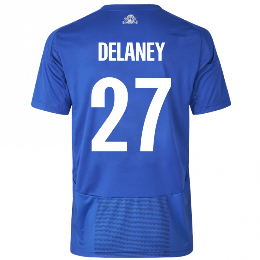 Kinder Fußball Thomas Delaney #27 Weiß Blau Auswärtstrikot Trikot 2024/25 T-Shirt Luxemburg