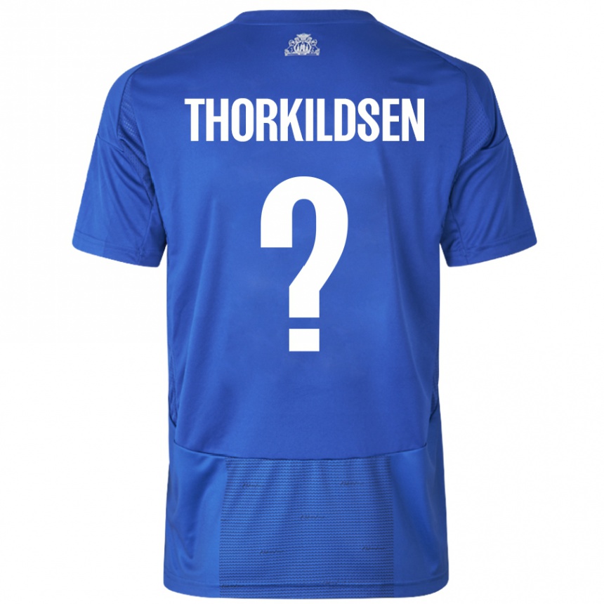 Herren Fußball Elias Thorkildsen #0 Weiß Blau Auswärtstrikot Trikot 2024/25 T-Shirt Luxemburg