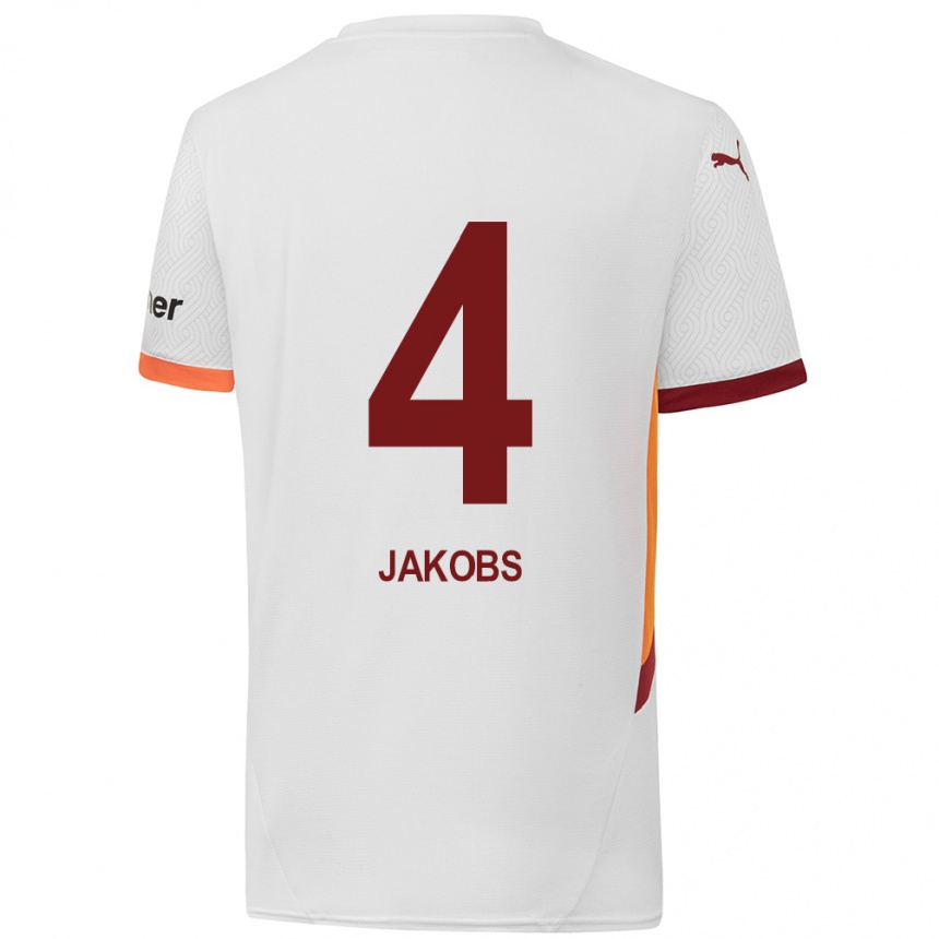 Herren Fußball Ismail Jakobs #4 Weiß Gelb Rot Auswärtstrikot Trikot 2024/25 T-Shirt Luxemburg